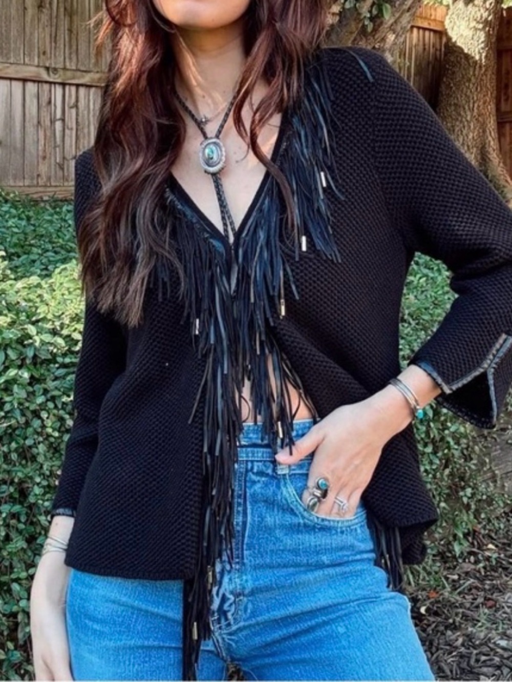 Chico's Black V-Neck Fringe Knit Sweater